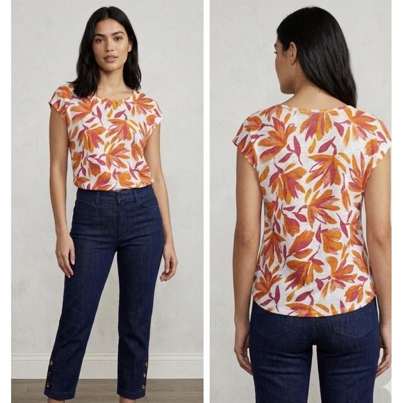 Cynthia Rowley Tops - Cynthia Rowley Boho Top Women's Size L Orange Linen Floral Short Sleeve Tunic